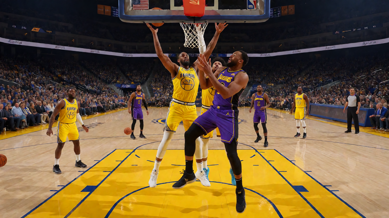 NBA篮球比赛现场实况，球员在球场激烈对抗